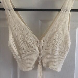Cream Knit Lace-Up Crop Top-Medium